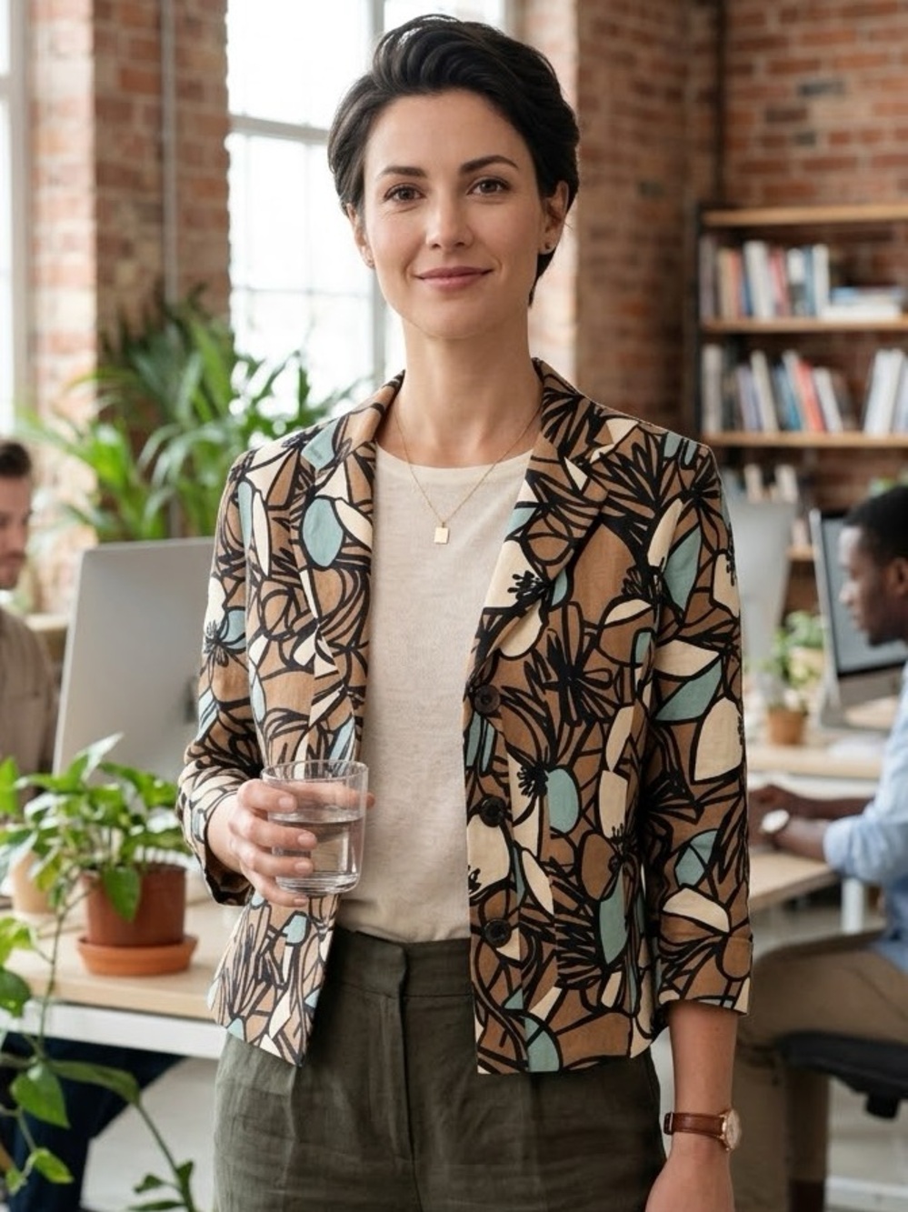 Vintage Linen Lightweight Graphic Abstract Print Cropped Jacket Blazer MP